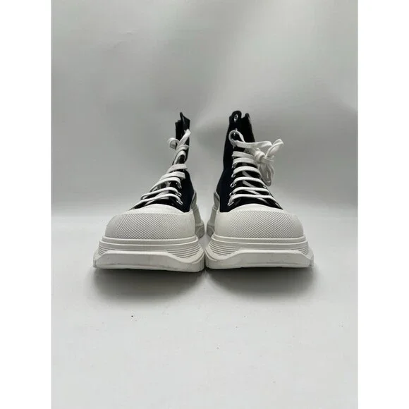 Alexander McQueen Tread Slick Lace Up Boot in black and white canvas Size 45